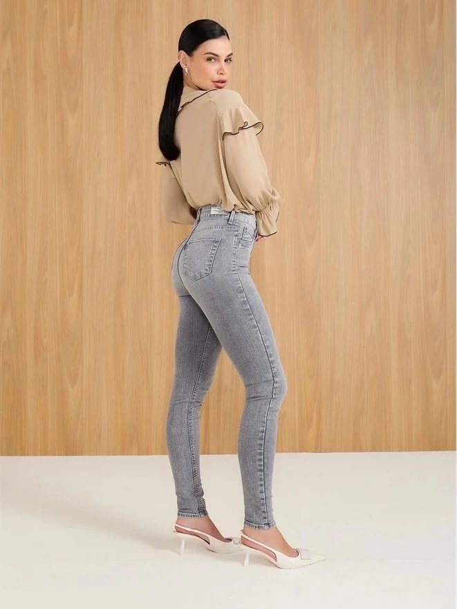Calça Jeans Skinny Feminina Cintura Alta Cinza