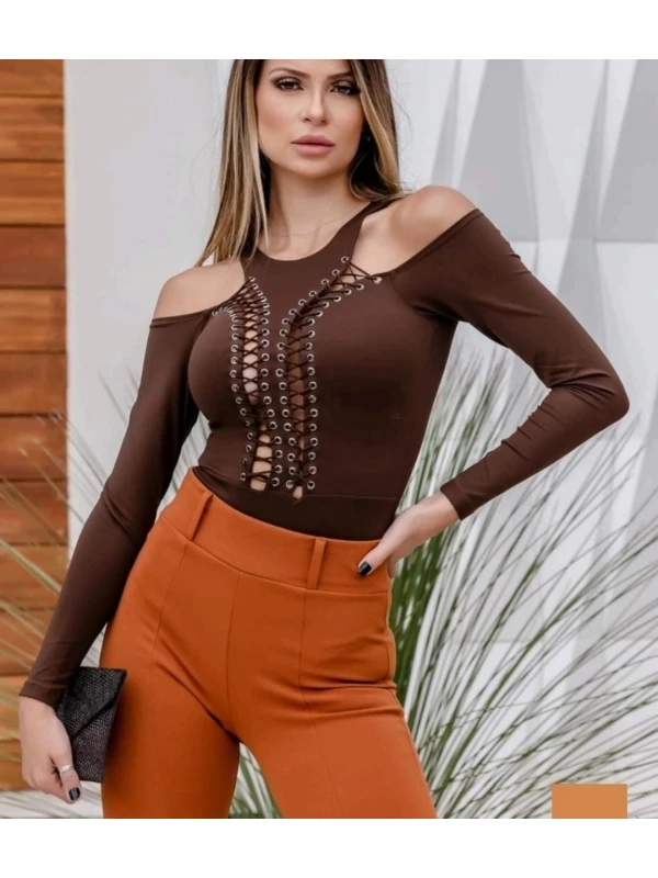 Body Feminino Ilhós e Amarração – Ombro Vazado Manga Longa