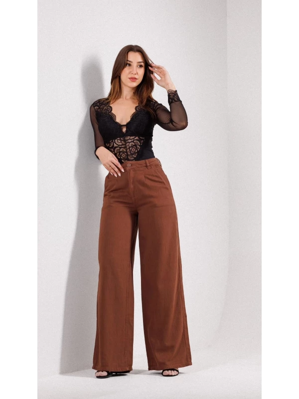 Calça Pantalona Marrom em Linho 