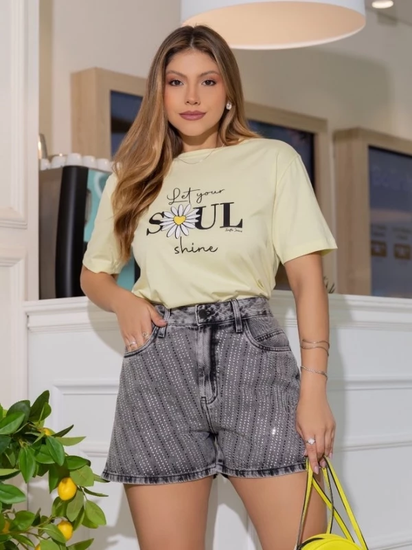 Short Jeans Feminino Preto com Strass Shine Up