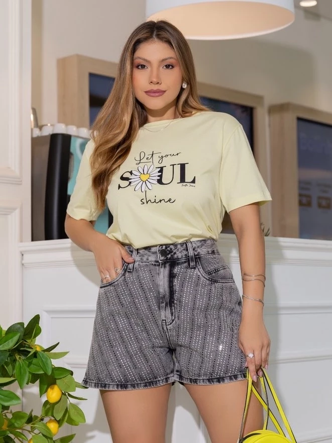 Short Jeans Feminino Preto com Strass Shine Up