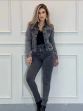 Jaqueta Jeans Feminina Preta Estonada Classic Fit